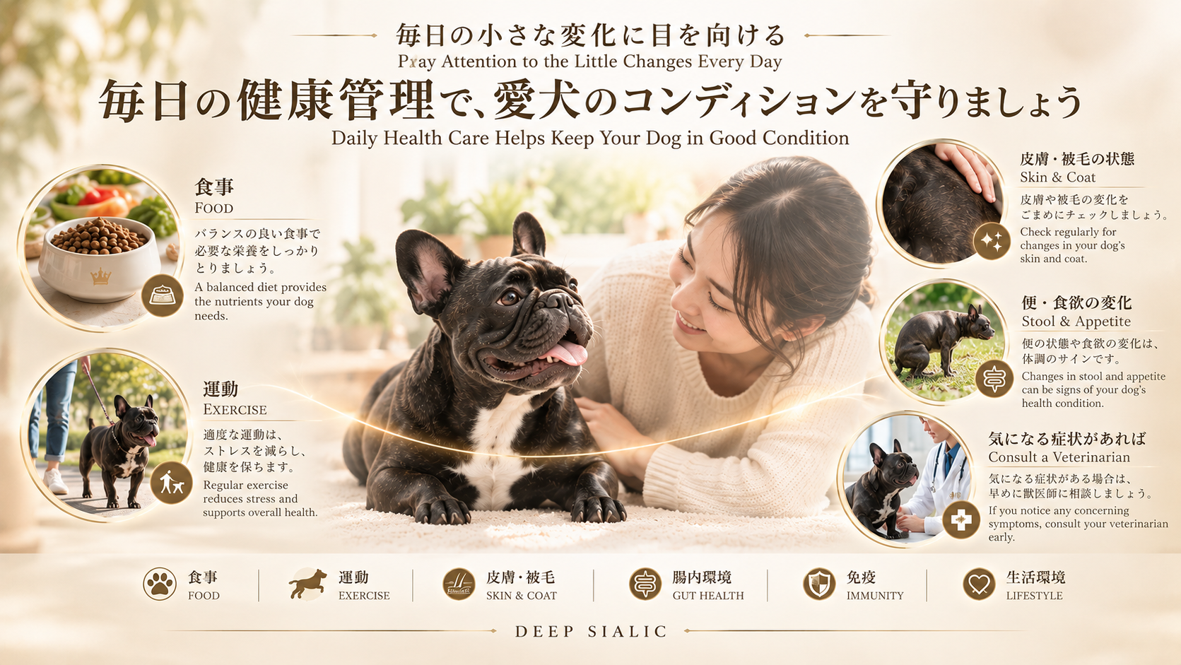 犬の毎日の健康管理をイメージした食事、運動、皮膚、便や食欲の変化のイメージ