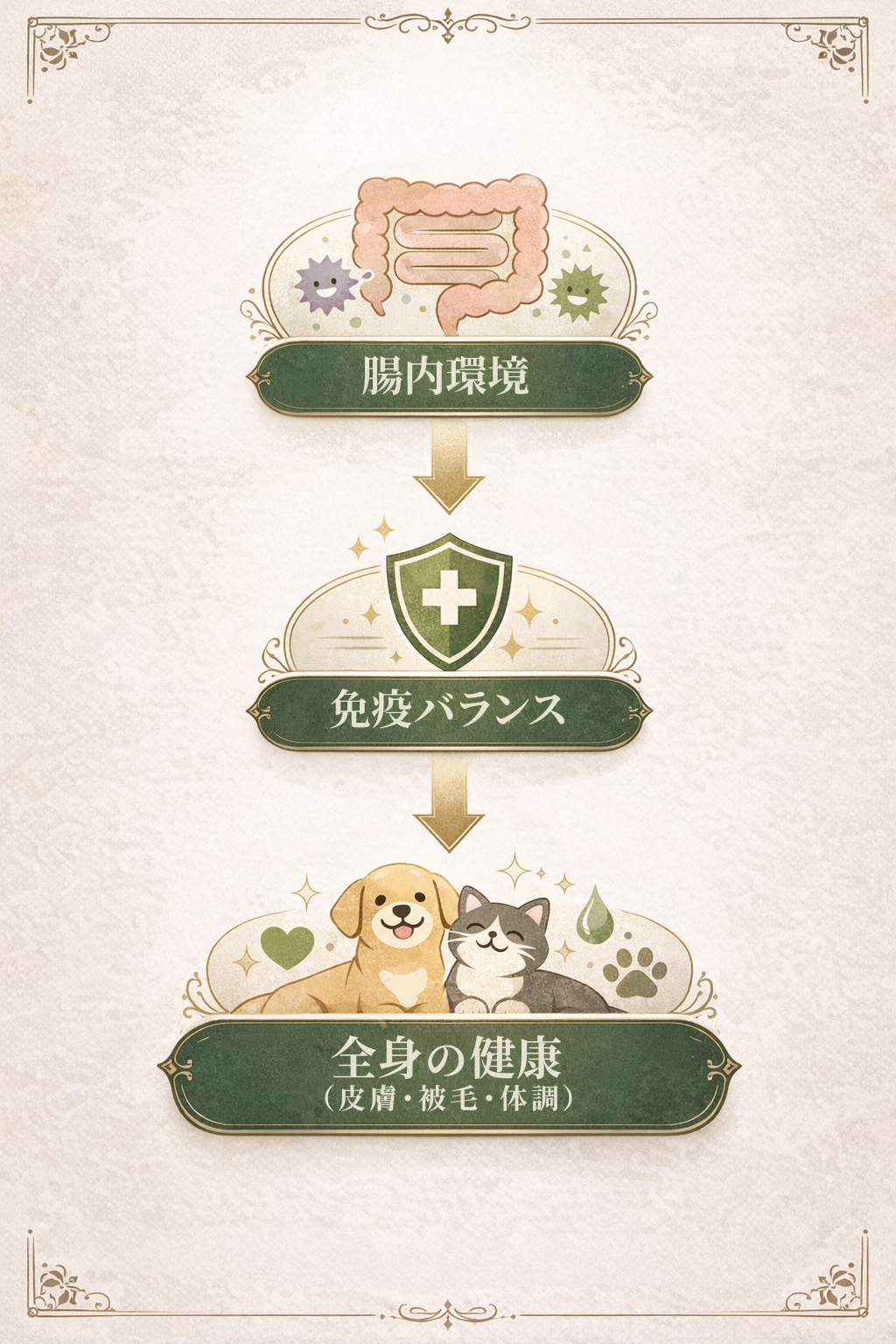 犬猫の腸内環境が免疫を通じて全身の健康につながる仕組みの図解